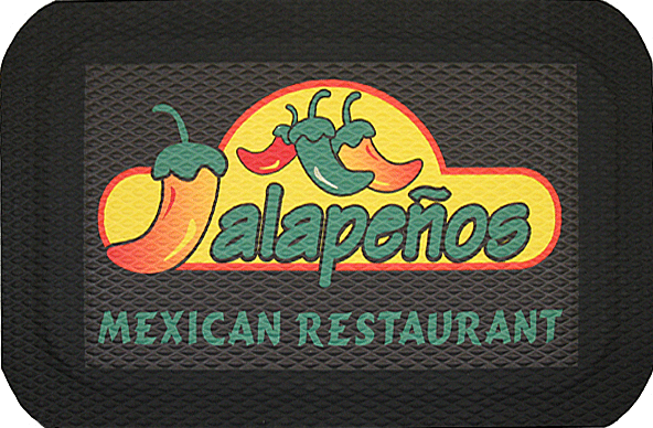 Close up view of a Hog Heaven Impressions Logo mat with logo embossed on a high quality anti fatigue matting in a restaurant setting