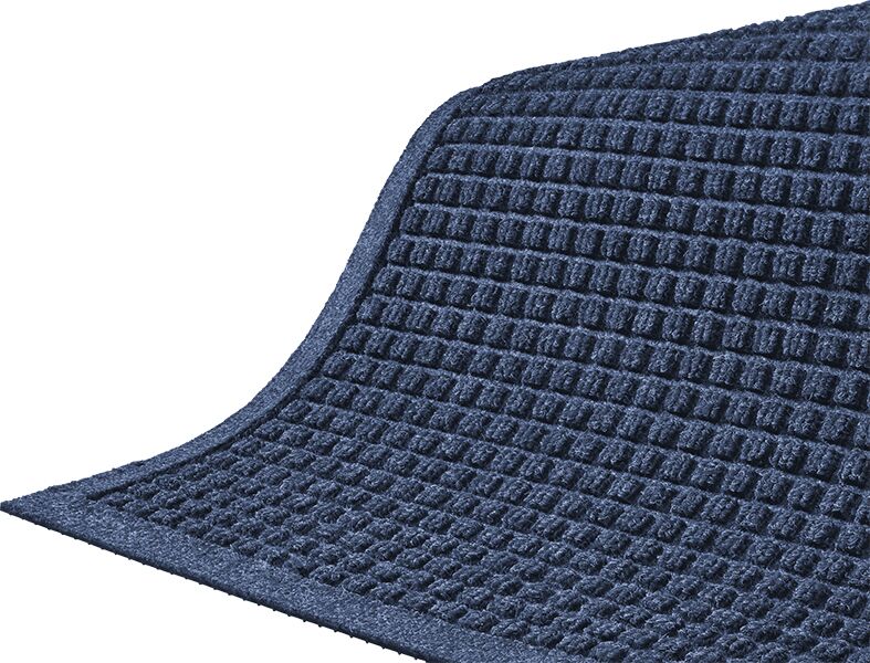 Close up corner view of Waterhog Classic entry mat with fashion border with floor mat color of Medium Blue